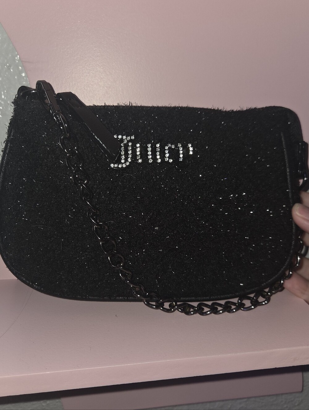 Juicy Couture Black Glitter Rhinestone Logo Chain Wristlet